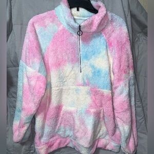 Light pastel multicolored tye dye Sherpa pullover w/ quarter zipper